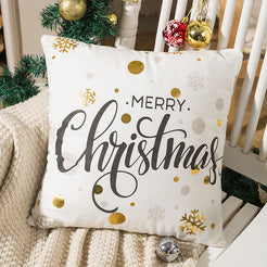short-pile plush polyester pillow cover with Merry Christmas lettering with gold dots, shown beside a Christmas tree