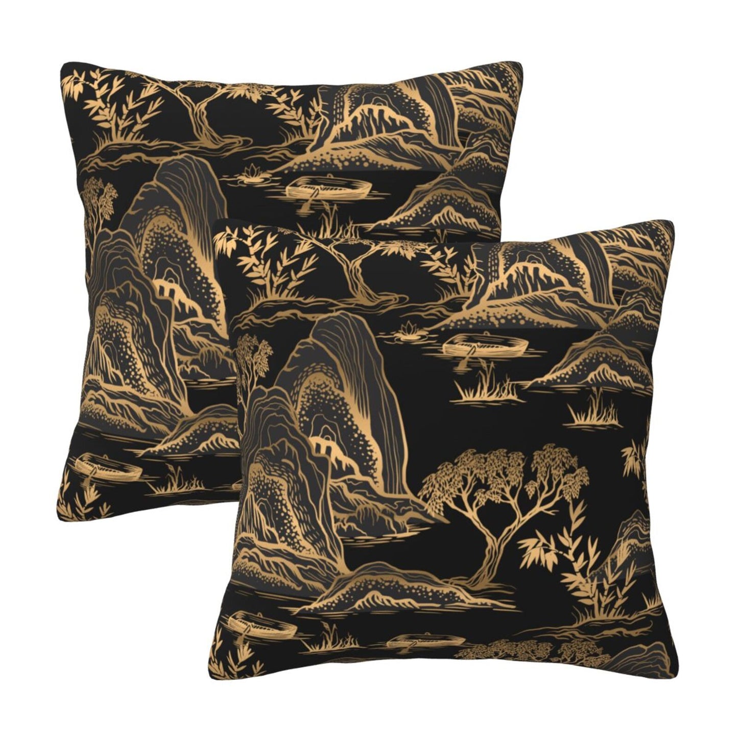 Chinoiserie Throw Pillow Covers 18x18 inch Set of 2 Black and Gold Pillow Cases Mountain Scenic Decorative Cushion Covers