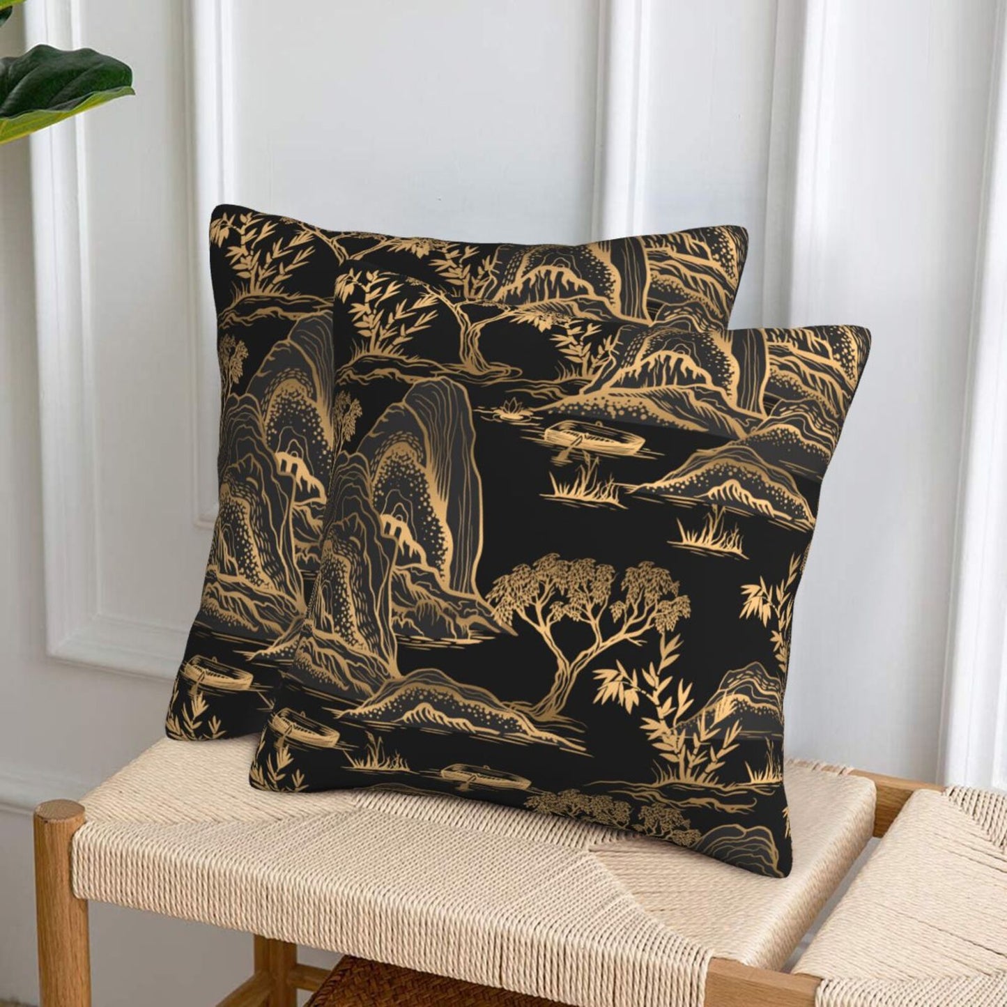 Chinoiserie Throw Pillow Covers 18x18 inch Set of 2 Black and Gold Pillow Cases Mountain Scenic Decorative Cushion Covers