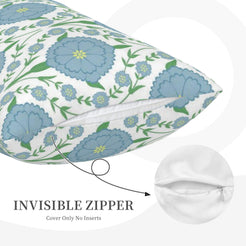 Hidden zipper detail on long lumbar pillow cover with blue medallion flowers and green vines