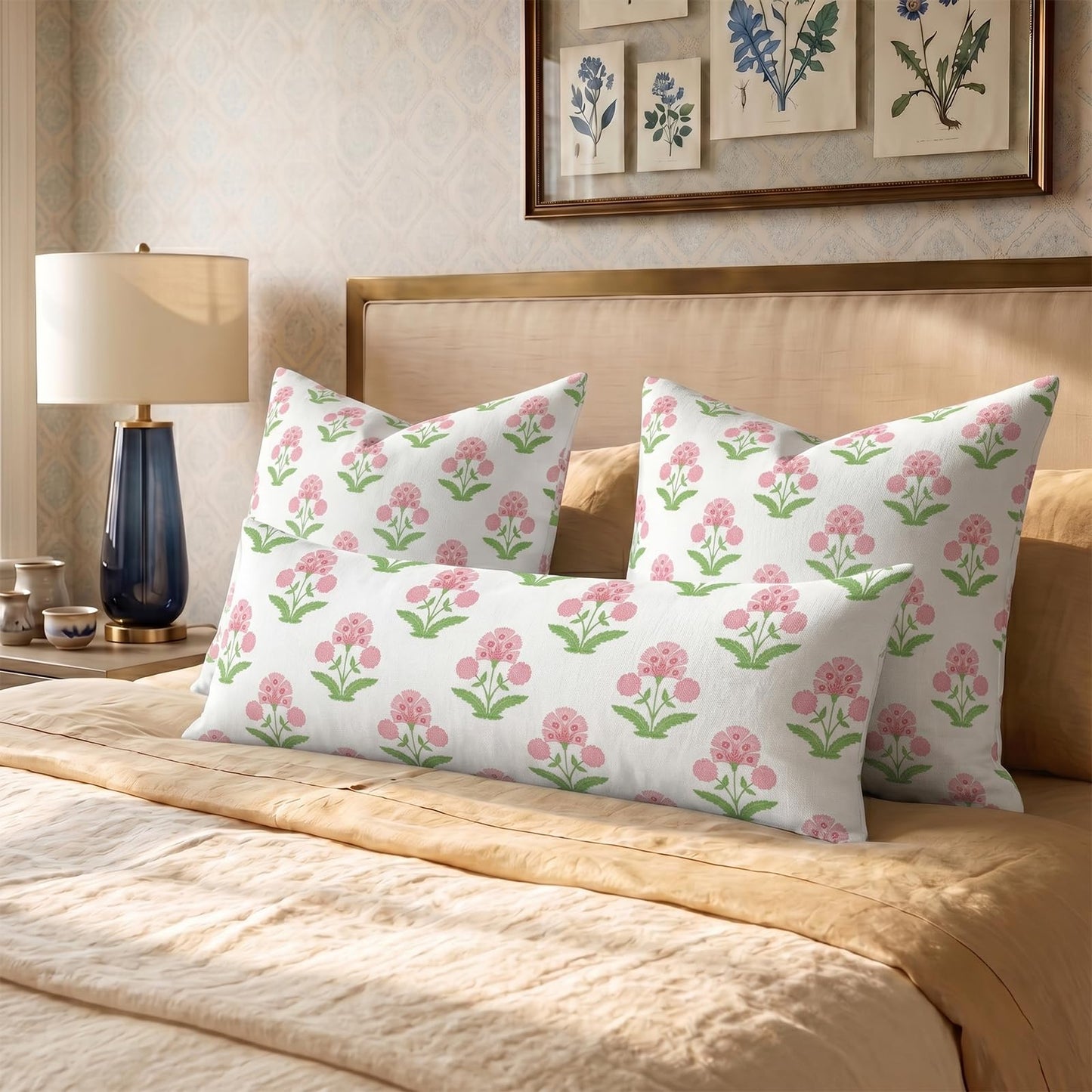 Block Print Floral Long Lumbar Pillow Covers, 14x36 Inch — Floral 9