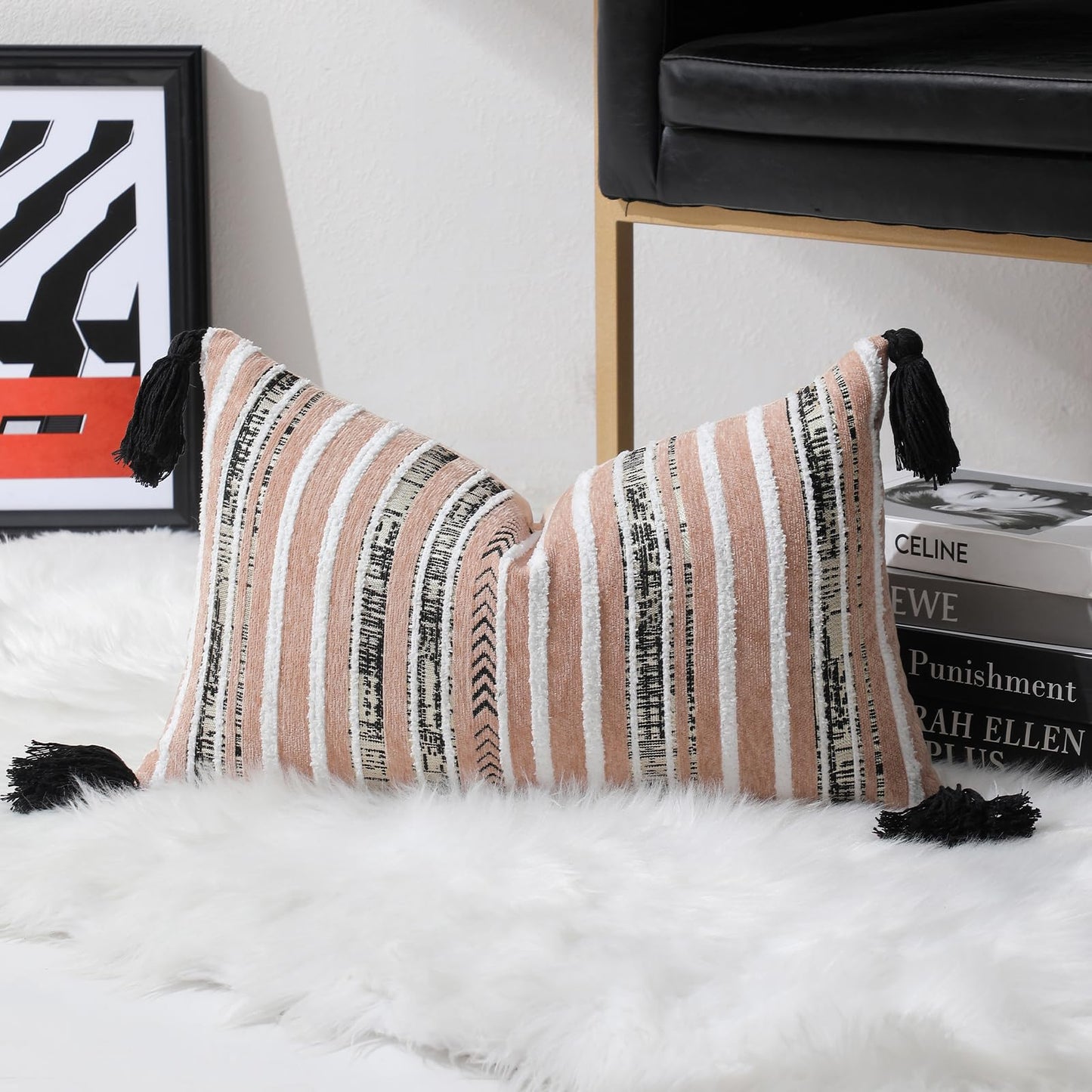Striped Chenille Pillow Covers with Tassels, Set of 2 — Blush Pink
