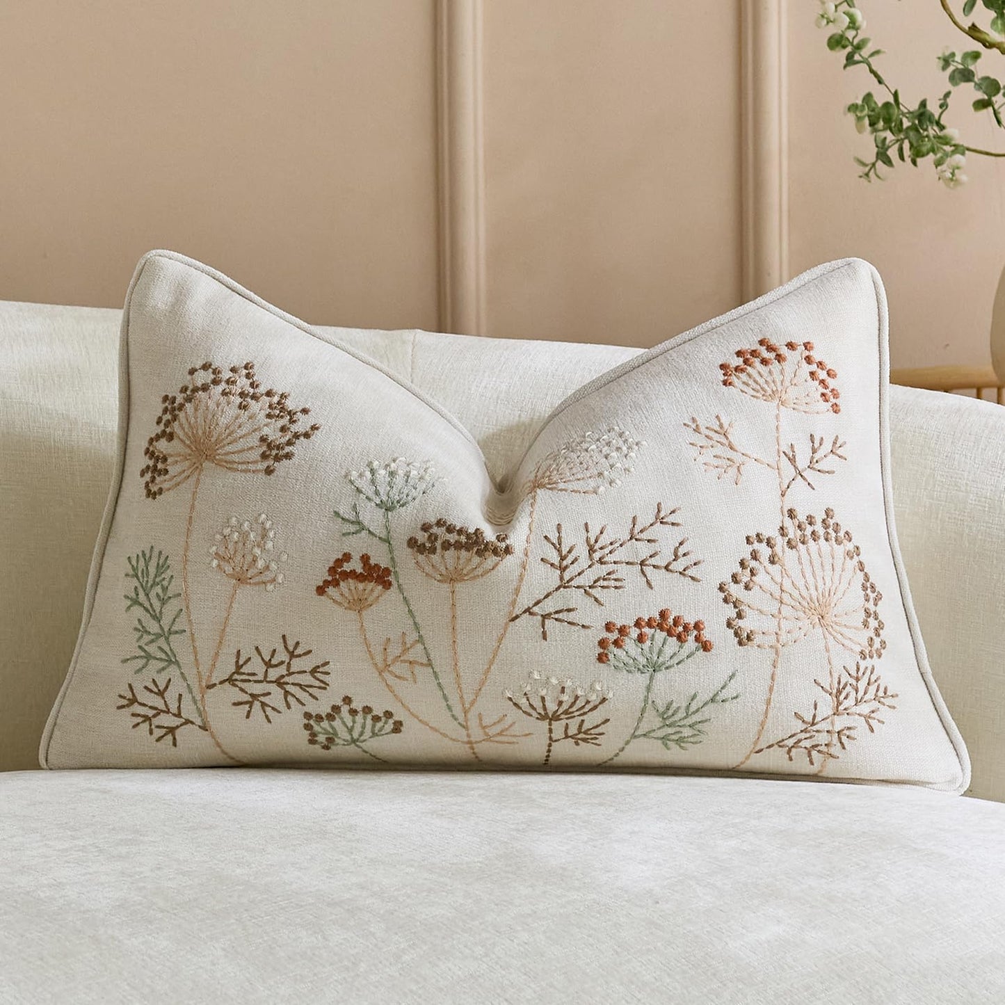 Floral Embroidered Chenille Pillow Covers, Set of 2 — Beige