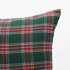 Green and red tartan woven polyester-cotton blend pillow covers, single cover on white