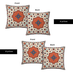 Front and back views of water-resistant linen-look polyester outdoor pillow covers with orange and blue floral medallion