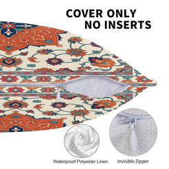 Zipper and fabric detail on water-resistant linen-look polyester outdoor pillow cover with orange and blue floral medallion
