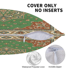 Zipper and fabric detail on water-resistant linen-look polyester outdoor pillow cover with green paisley floral