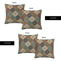 Front and back views of water-resistant linen-look polyester outdoor pillow covers with muted multicolor ogee motifs