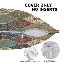 Zipper and fabric detail on water-resistant linen-look polyester outdoor pillow cover with muted multicolor ogee motifs