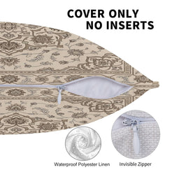 Zipper and fabric detail on water-resistant linen-look polyester outdoor pillow cover with taupe floral medallion