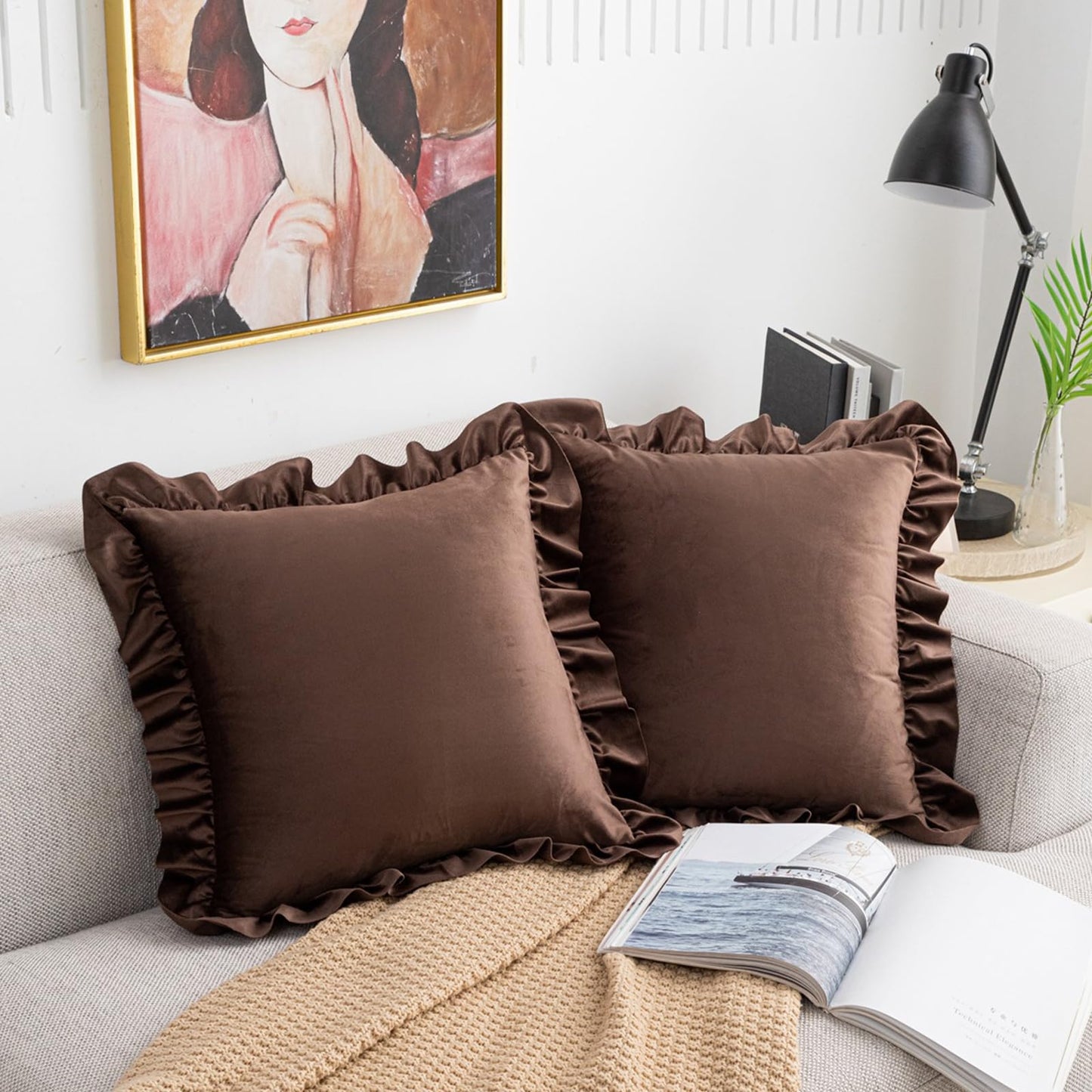 Ruffled Velvet Pillow Covers, Set of 2 — Chocolate