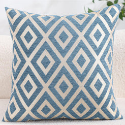 Chenille jacquard polyester pillow cover with blue diamond lattice, shown upright on a neutral background