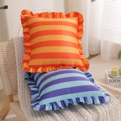 Aqua and purple striped velvet polyester pillow covers with ruffled edges, shown with coordinating colorways