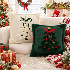 Tufted Christmas Tree Pillow Covers with Bows - Dark Green Red Bow