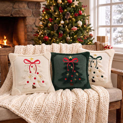 Tufted Christmas Tree Pillow Covers with Bows - Dark Green Red Bow