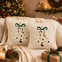 Tufted Christmas Tree Pillow Covers with Bows - Ivory White Green Bow