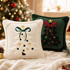 Tufted Christmas Tree Pillow Covers with Bows - Ivory White Green Bow