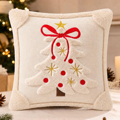 Tufted Christmas Tree Pillow Covers with Bows - Ivory White Red Bow