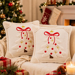 Tufted Christmas Tree Pillow Covers with Bows - Ivory White Red Bow