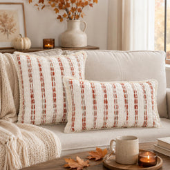 Striped Chenille Pillow Covers with Fringe - Rust Orange