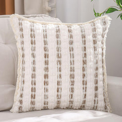 Striped Chenille Pillow Covers with Fringe - Beige Taupe