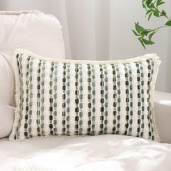 Striped Chenille Pillow Covers with Fringe - Sage Green