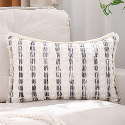 Striped Chenille Pillow Covers with Fringe - Grey