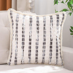 Striped Chenille Pillow Covers with Fringe - Grey