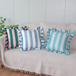 Ruffled Striped Velvet Pillow Covers - Light Blue and White
