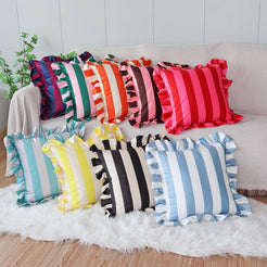 Ruffled Striped Velvet Pillow Covers - Light Blue and White
