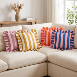 Ruffled Striped Velvet Pillow Covers - Pink and Beige
