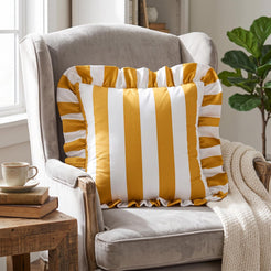 Ruffled Striped Velvet Pillow Covers - Turmeric and White