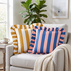 Ruffled Striped Velvet Pillow Covers - Turmeric and White