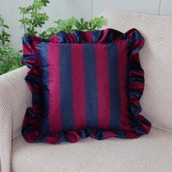 Ruffled Striped Velvet Pillow Covers - Navy Blue and Burgundy