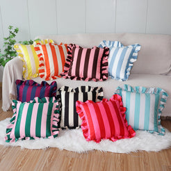 Ruffled Striped Velvet Pillow Covers - Navy Blue and Burgundy