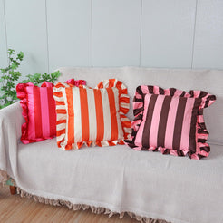 Ruffled Striped Velvet Pillow Covers - Bright Orange and Beige