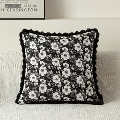 Floral Jacquard Pillow Covers with Pom-Pom Trim - Black