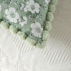 Floral Jacquard Pillow Covers with Pom-Pom Trim - Black