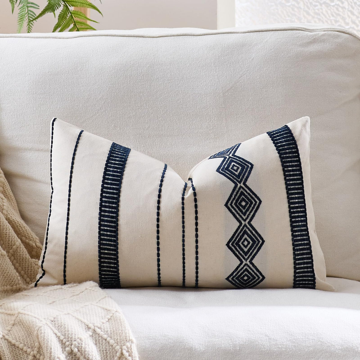 Embroidered Cotton-Blend Pillow Covers - Navy Blue