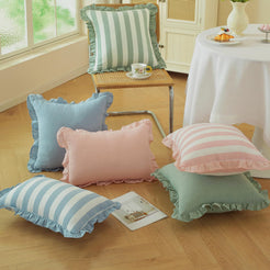 Ruffled Cotton Pillow Covers - Dusty Blue Stripe