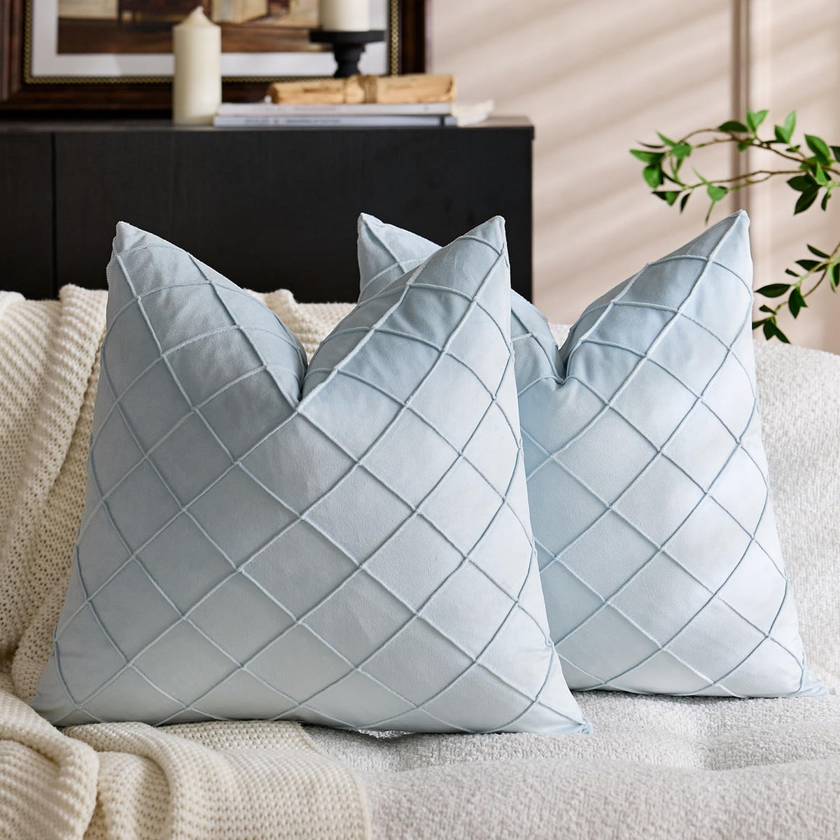 Diamond Pintuck Velvet Pillow Covers - Light Blue