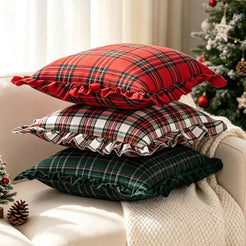 Ruffled Christmas Plaid Pillow Covers - Red Green Plaid