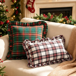 Ruffled Christmas Plaid Pillow Covers - Dark Green Plaid