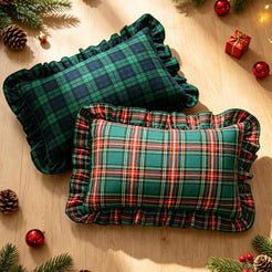 Ruffled Christmas Plaid Pillow Covers - Dark Green Plaid