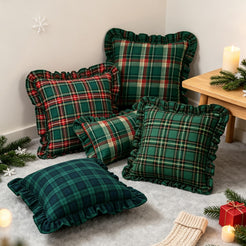 Ruffled Christmas Plaid Pillow Covers - Green Red Yellow Plaid