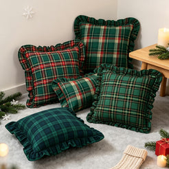 Ruffled Christmas Plaid Pillow Covers - Navy Green Plaid
