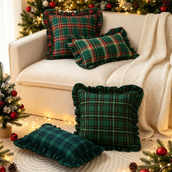 Ruffled Christmas Plaid Pillow Covers - Navy Green Plaid