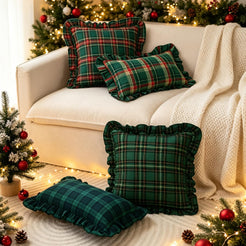 Ruffled Christmas Plaid Pillow Covers - Pine Green Plaid