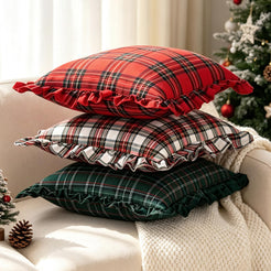 Ruffled Christmas Plaid Pillow Covers - White Red Plaid