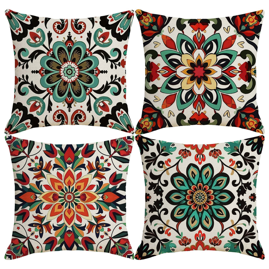 Set of four linen-look polyester pillow covers with colorful floral medallion prints